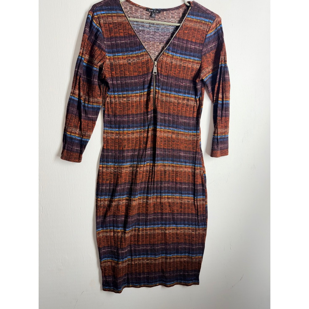 Sami & Jo Womens Ribbed Knit Striped Bodycon Dress V-Neck Zip Front Medium